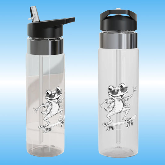 Clear plastic water bottles with black flip-top lid, against a light blue gradient background. Bottle features a silver graphic of a cartoon frog wearing sunglasses and riding a skateboard.