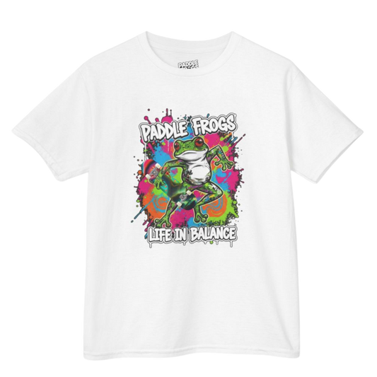 White t-shirt with colorful 'Paddle Frogs' graphic design on a white background