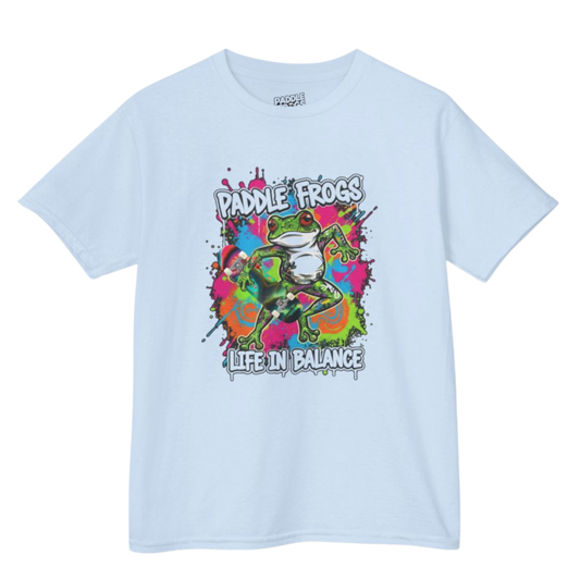 Light blue t-shirt with colorful frog graphic and text on a white background