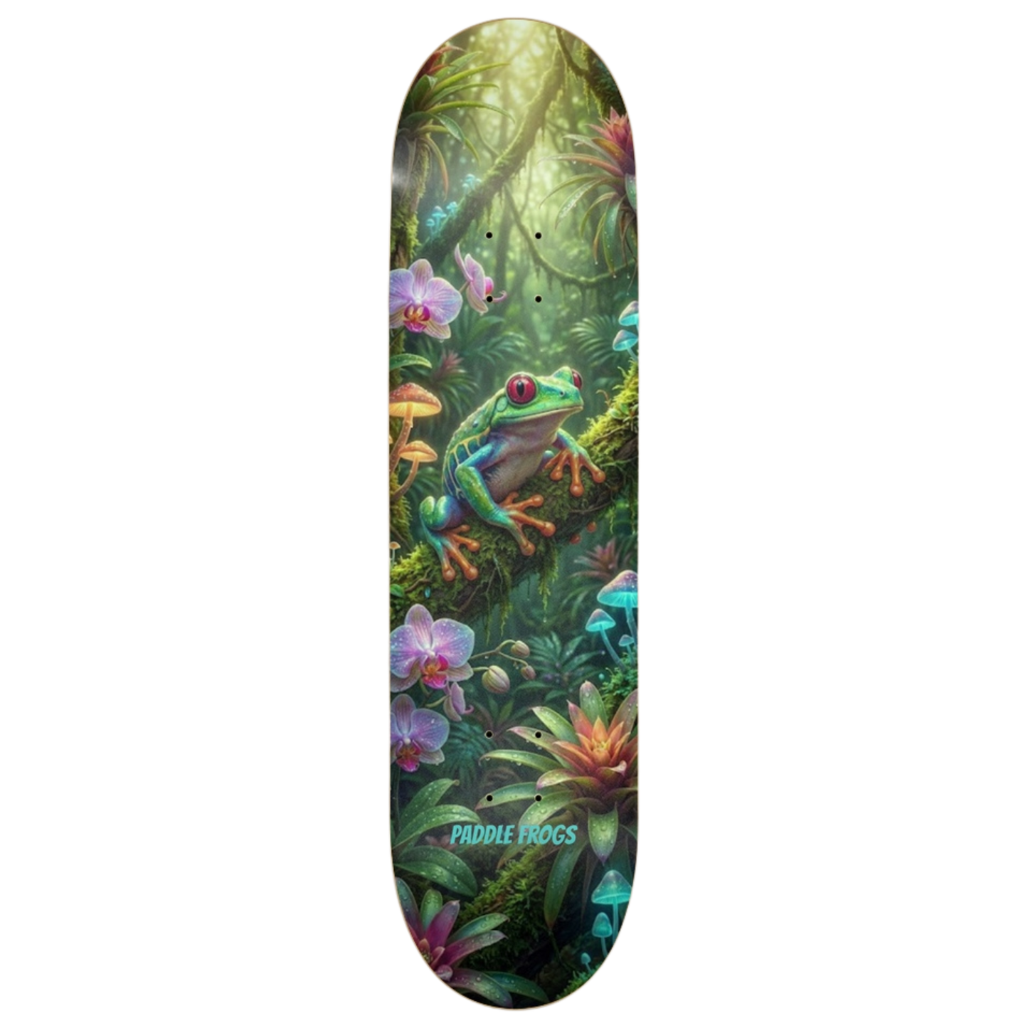 Magical Tropical Frog and Mushroom Skateboard deck with a frog and jungle design on a transparent background