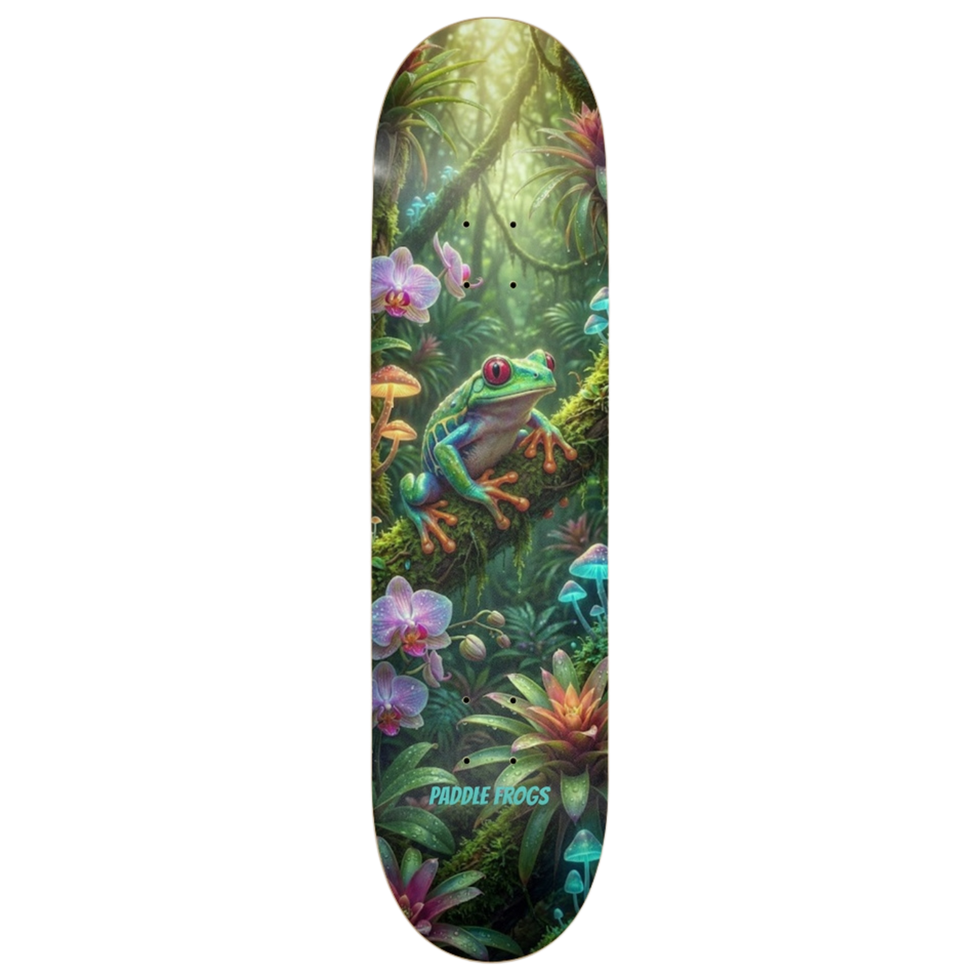 Magical Tropical Frog and Mushroom Skateboard deck with a frog and jungle design on a transparent background