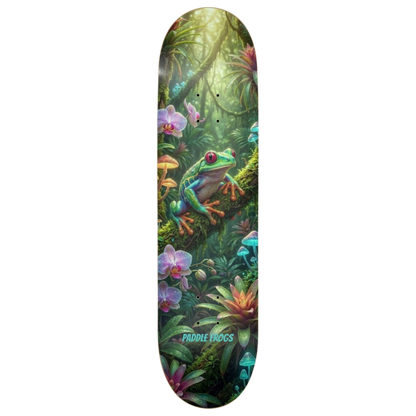 Magical Tropical Frog and Mushroom Skateboard deck with a frog and jungle design on a transparent background