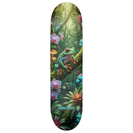 Magical Tropical Frog and Mushroom Skateboard deck with a frog and jungle design on a transparent background