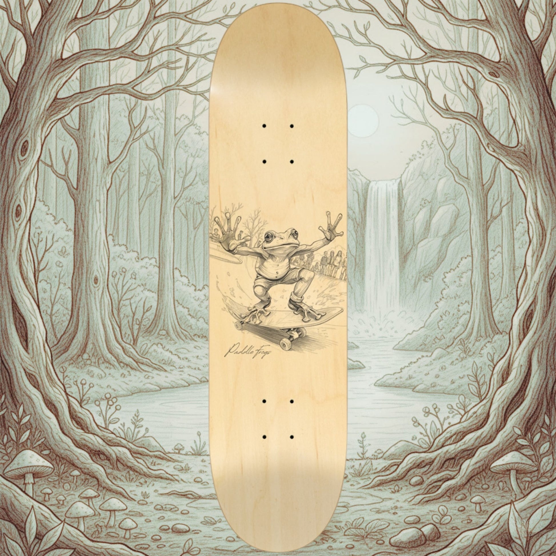 Skateboard deck with a frog illustration on a waterfall and forest background