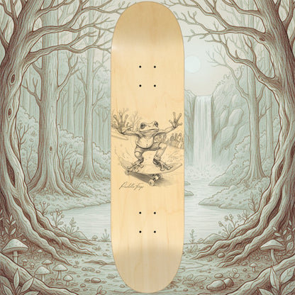 Skateboard deck with a frog illustration on a waterfall and forest background