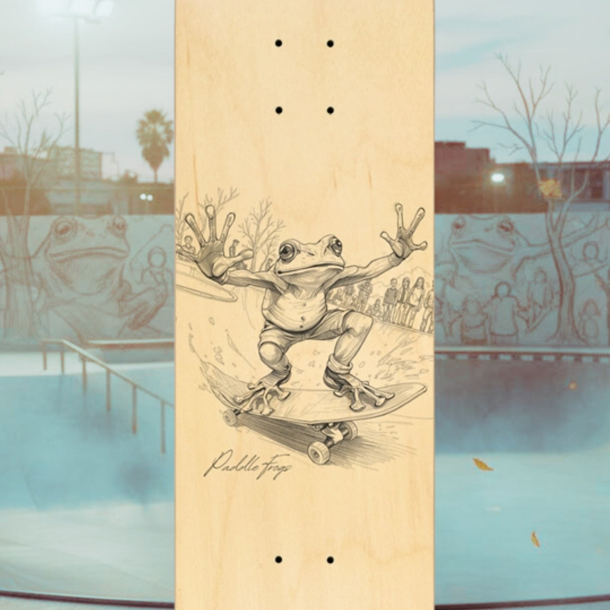 Skateboard deck with a frog illustration at a skate park.