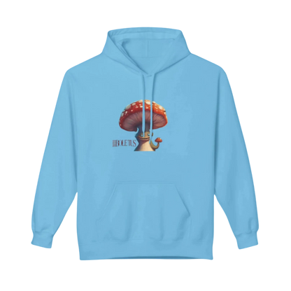 Sky Blue | Boletus | Fleece Pullover Hoodie Eco-Friendly & Cozy | Paddle Frogs™ with a mushroom graphic on a white background