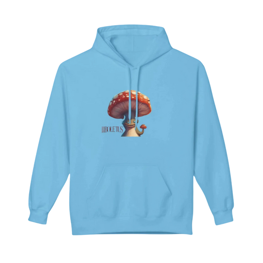 Sky Blue | Boletus | Fleece Pullover Hoodie Eco-Friendly & Cozy | Paddle Frogs™ with a mushroom graphic on a white background