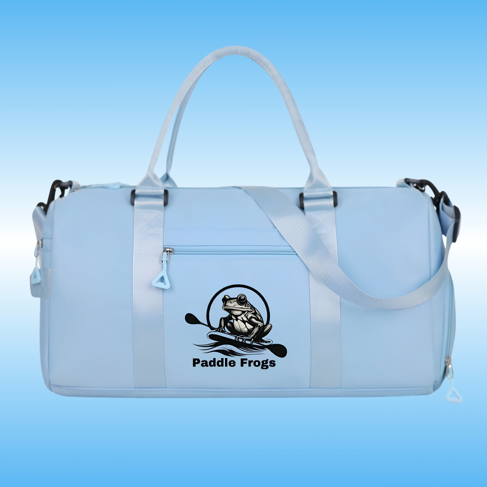 A light blue waterproof duffel bag with shiny blue handles and a black 'Paddle Frogs' frog logo printed on the front, set against a blue gradient background.
