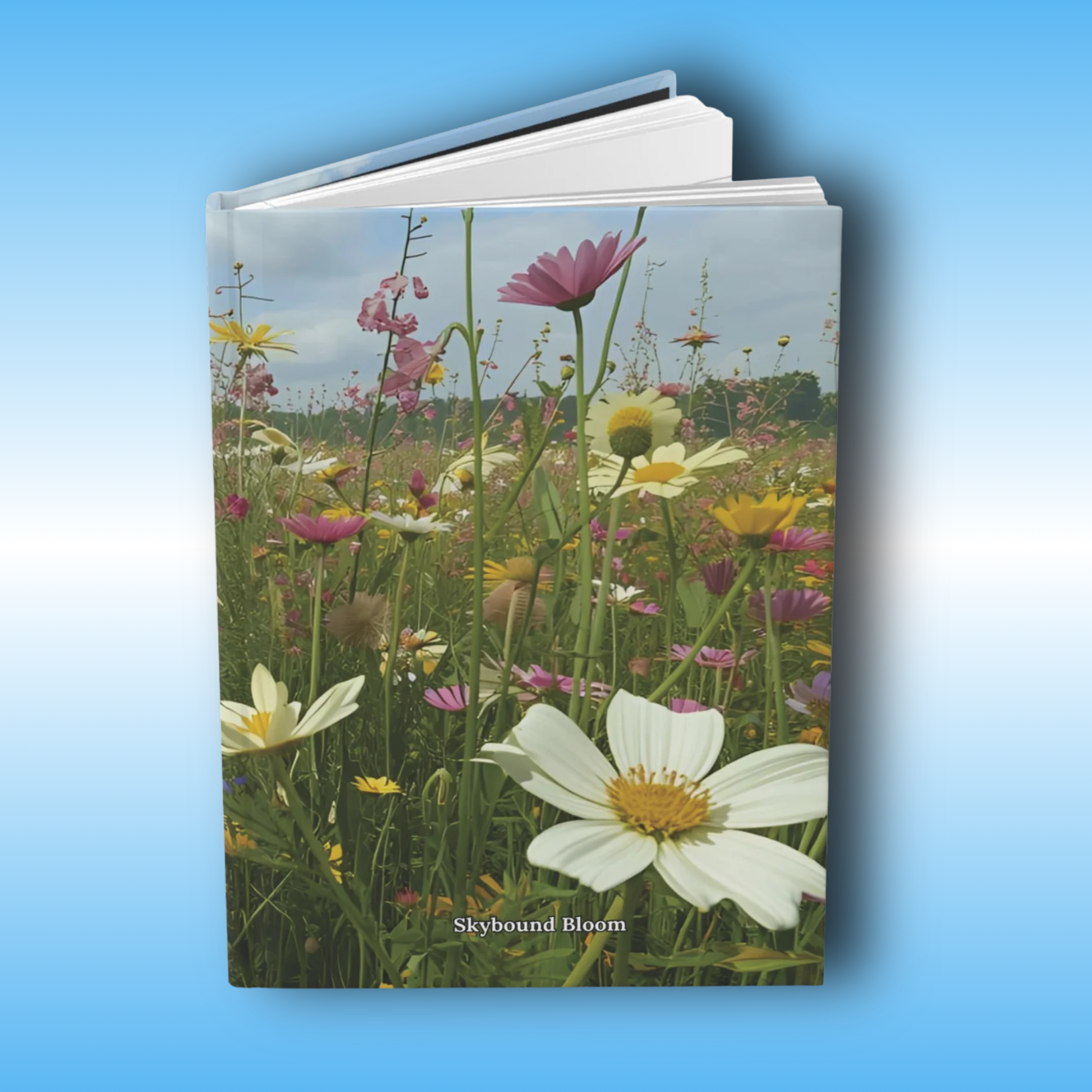 Skybound Bloom - Paddle Frogs Journal - Hard Cover | Poetry, Art, Nature Inspired Hardcover Notebook for Writers, Inspirational Diary, Wildflowers - Open Front Cover image | Book cover with a field of flowers and 'Skybound Bloom' text on a blue gradient background