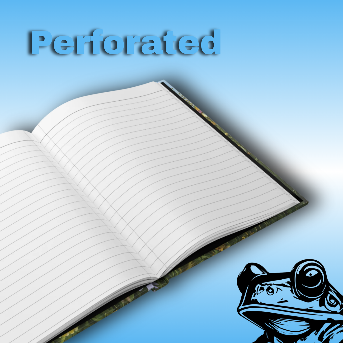 Skybound Bloom - Paddle Frogs Journal - Hard Cover | Poetry, Art, Nature Inspired Hardcover Notebook for Writers, Inspirational Diary, Wildflowers - Open inside  image | Open notebook with lined pages on a blue background, featuring the word 'Perforated'.