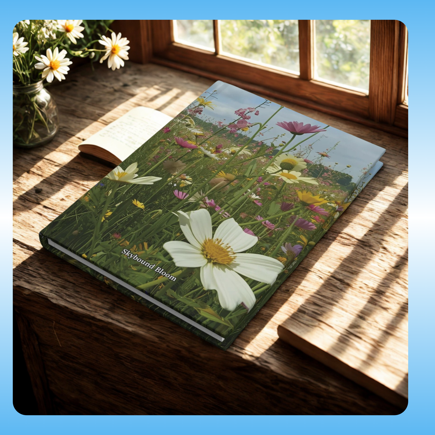 Skybound Bloom - Paddle Frogs Journal - Hard Cover | Poetry, Art, Nature Inspired Hardcover Notebook for Writers, Inspirational Diary, Wildflowers - lifestyle perspective image | Book with floral design on a wooden surface with natural light