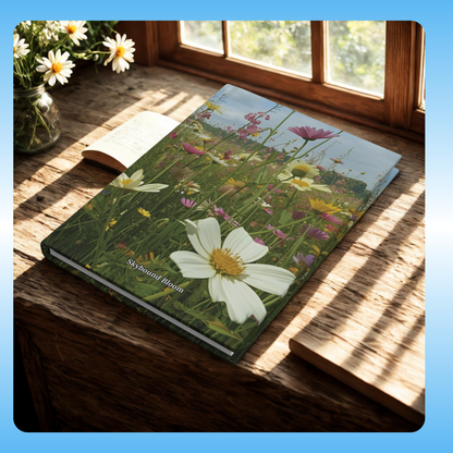Skybound Bloom - Paddle Frogs Journal - Hard Cover | Poetry, Art, Nature Inspired Hardcover Notebook for Writers, Inspirational Diary, Wildflowers - lifestyle perspective image | Book with floral design on a wooden surface with natural light