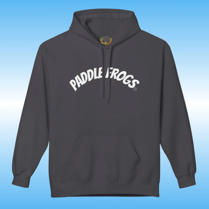 A smoke gray pullover hoodie with retro 'PADDLE FROGS' printed in white arched text across the chest, shown against a light blue gradient background.
