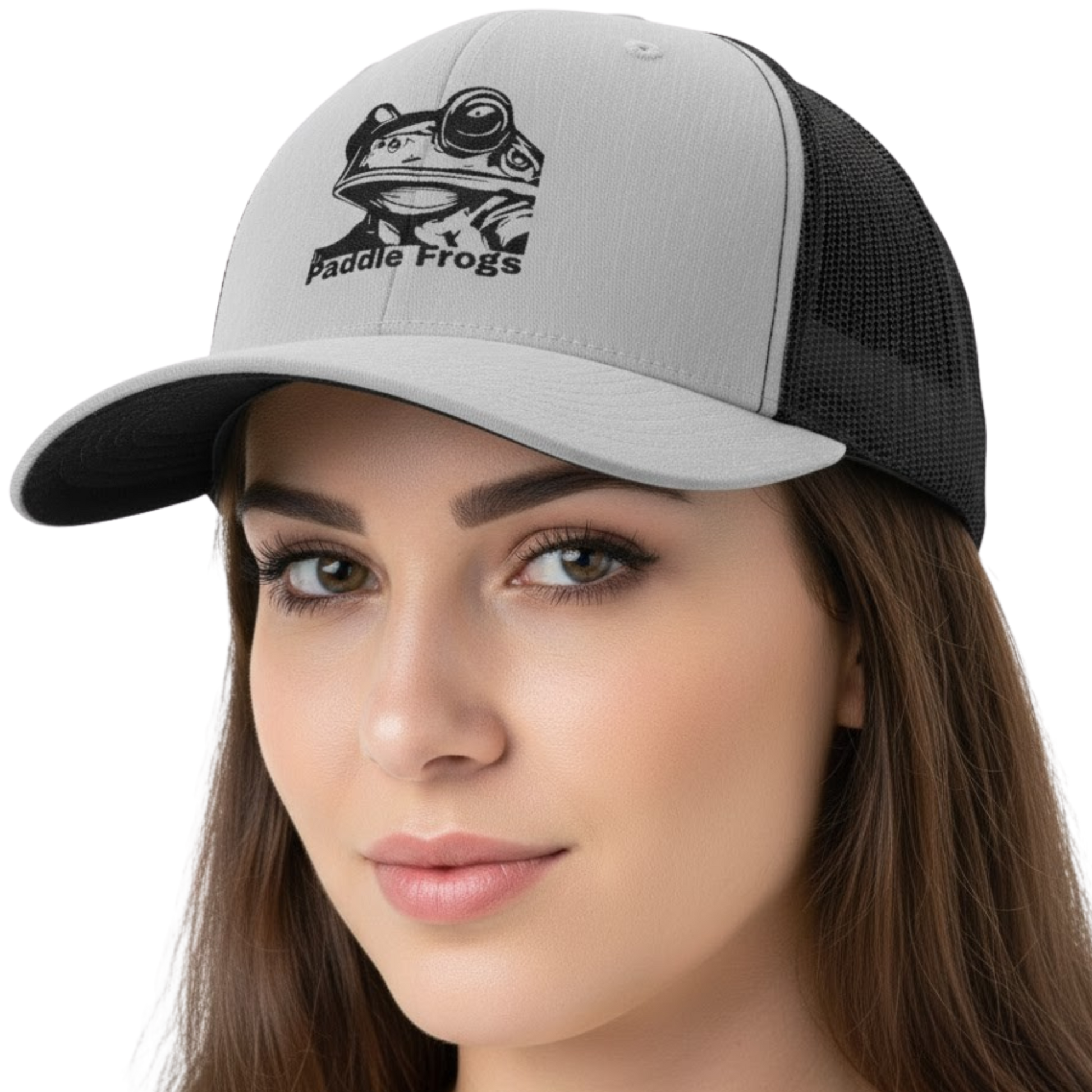 Snapback Cap - Heather Grey with black Mesh Back by Paddle Frogs™ on a transparent background | Woman wearing a cap with 'Paddle Frogs' logo on a white background