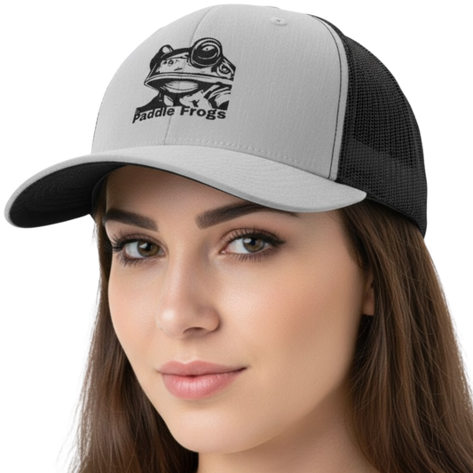 Snapback Cap - Heather Grey with black Mesh Back by Paddle Frogs™ on a transparent background | Woman wearing a cap with 'Paddle Frogs' logo on a white background