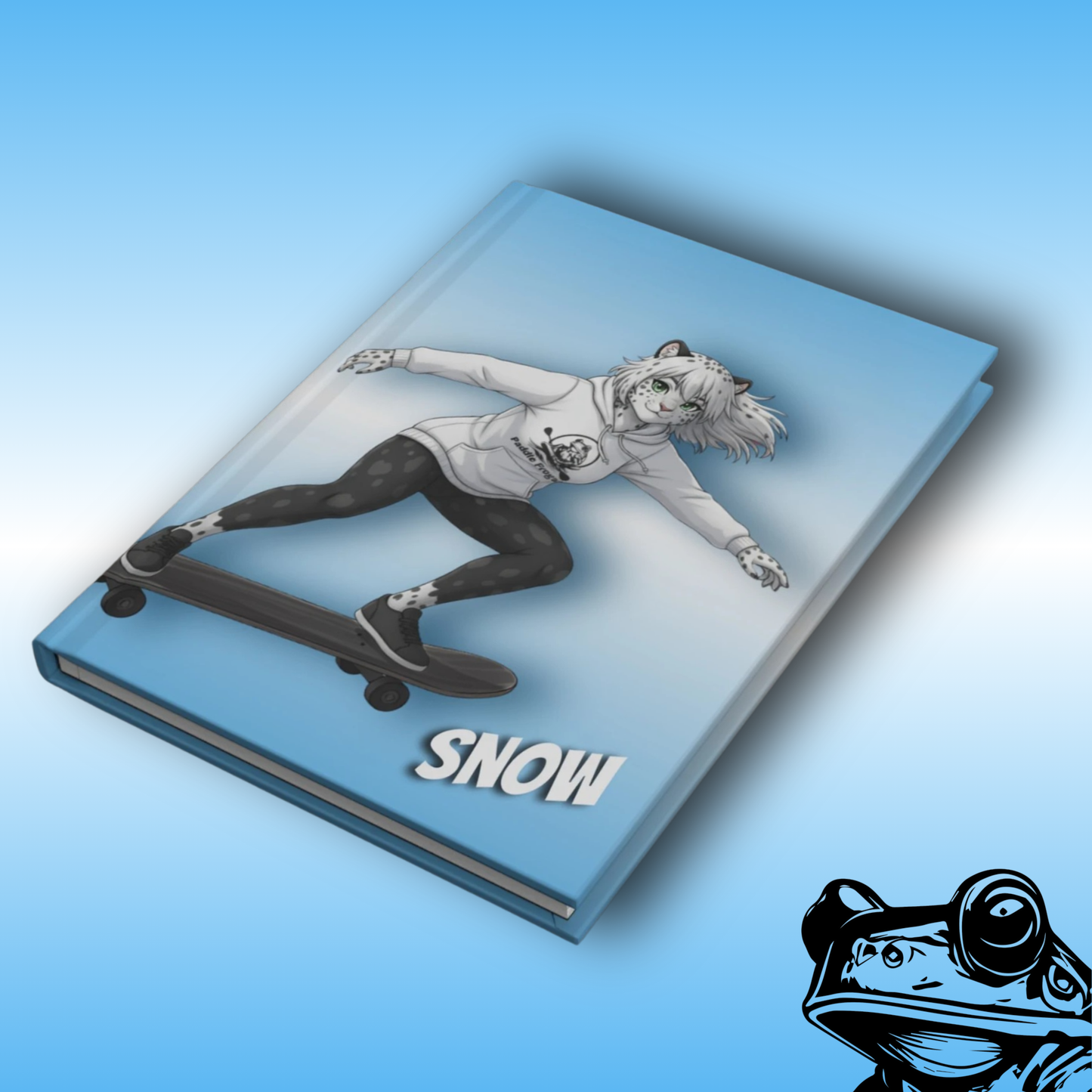 Snow | Hard Cover Journal by Paddle Frogs | Outdoor Gear Stories and Adventures | Notebook with a graphic of a person on a skateboard and the name 'Snow' on a blue gradient background.