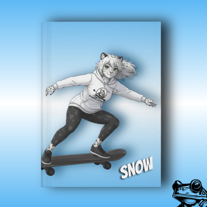 Snow | Hard Cover Journal by Paddle Frogs | Write Your Story - front side of book | Outdoor Gear Stories and Adventures | Illustration of a snow leopard - person skateboarding with 'SNOW' text on a blue background