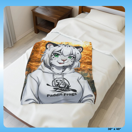 Snow the snow leopard plush velveteen blanket by Paddle Frogs  30x40 | Blanket with a cartoon character wearing a hoodie on a bed