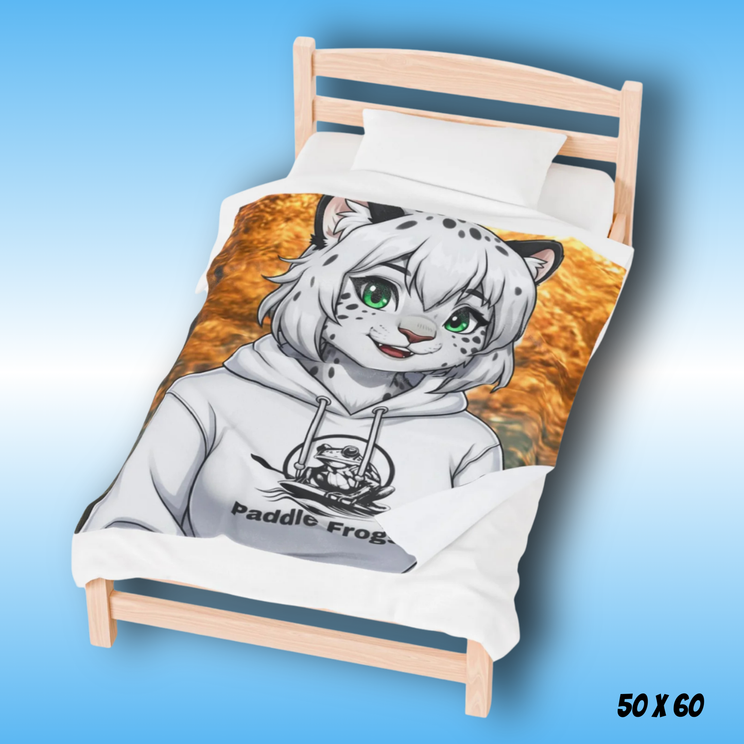 Snow the snow leopard plush velveteen blanket by Paddle Frogs  50x60 on a twin bed