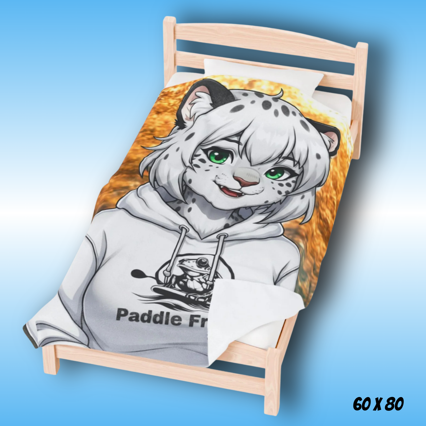 Snow the snow leopard plush velveteen blanket by Paddle Frogs  60x80 on a twin bed