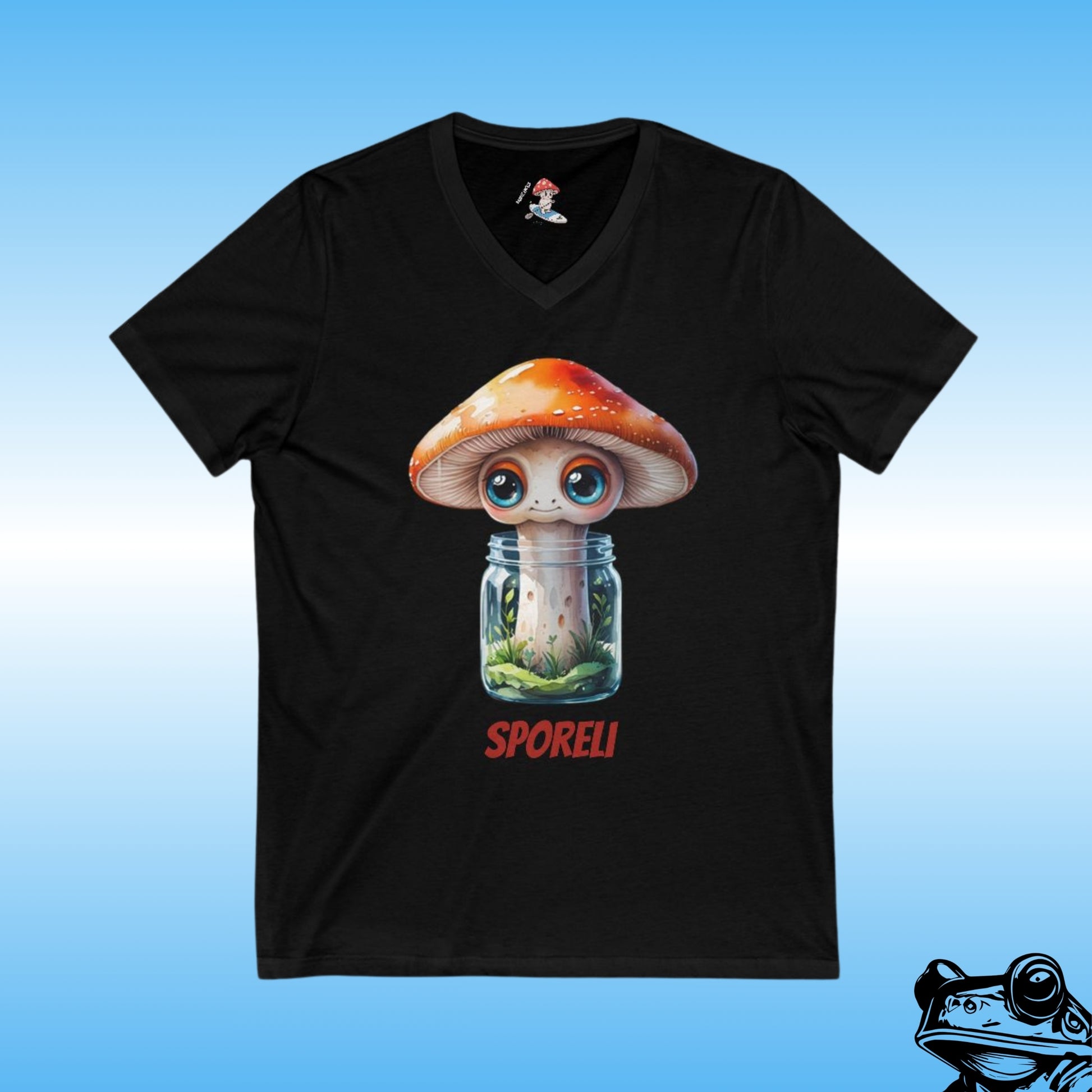 Sporeli - Ladies V-Neck Black Shirt (mushroom in a jar) by Paddle Frogs 
| Black V-neck t-shirt with a cartoon mushroom design on a blue background