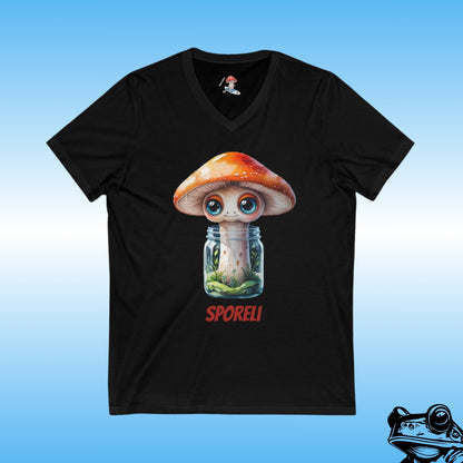 Sporeli - Ladies V-Neck Black Shirt (mushroom in a jar) by Paddle Frogs 
| Black V-neck t-shirt with a cartoon mushroom design on a blue background