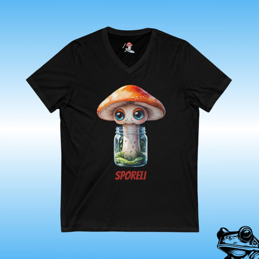 Sporeli - Ladies V-Neck Black Shirt (mushroom in a jar) by Paddle Frogs 
| Black V-neck t-shirt with a cartoon mushroom design on a blue background