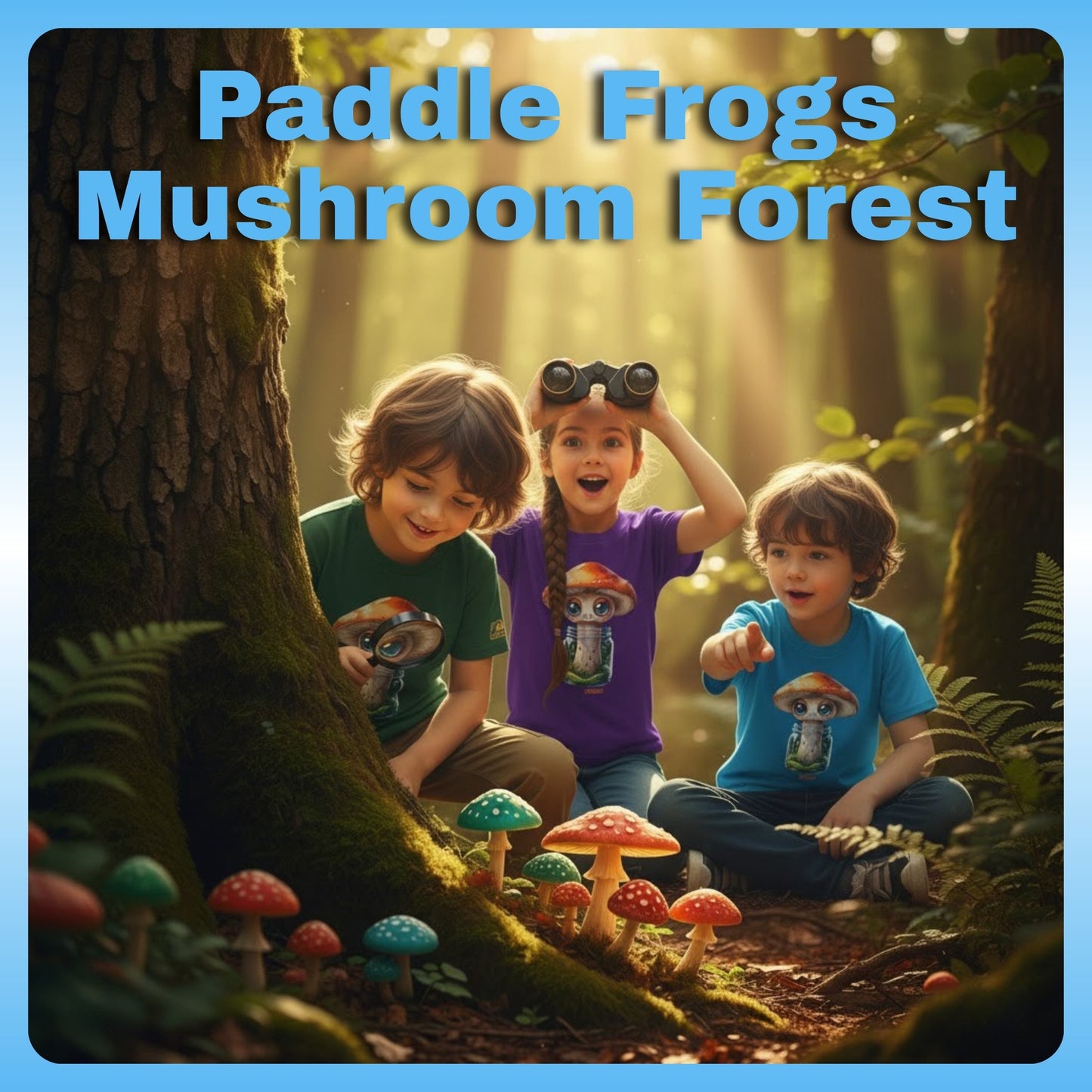 Children in a forest with colorful mushrooms and binoculars, surrounded by nature. Sporeli - Youth Tee - Paddle Frogs Kids outdoor gear - mushroom in a jar - Mushroom Forest