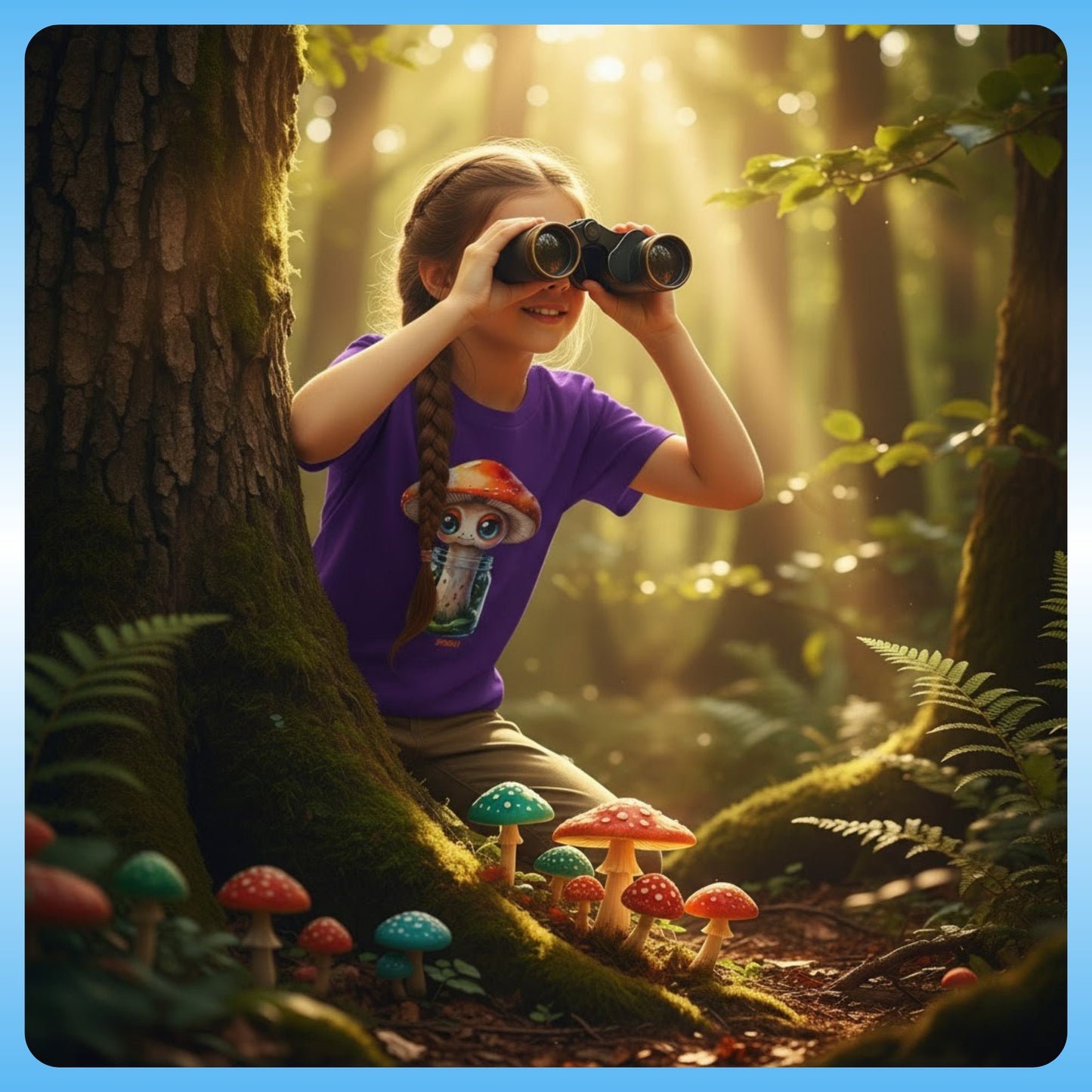 Sporeli - Youth Tee - Paddle Frogs Kids outdoor gear purple - Child in a forest with binoculars and colorful mushrooms