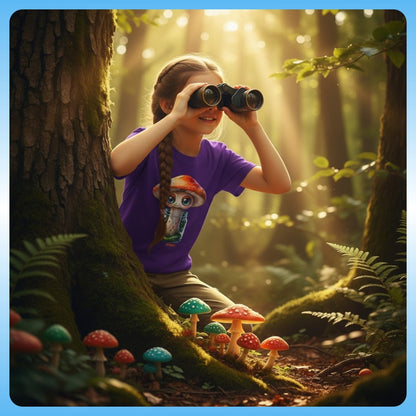 Sporeli - Youth Tee - Paddle Frogs Kids outdoor gear purple - Child in a forest with binoculars and colorful mushrooms