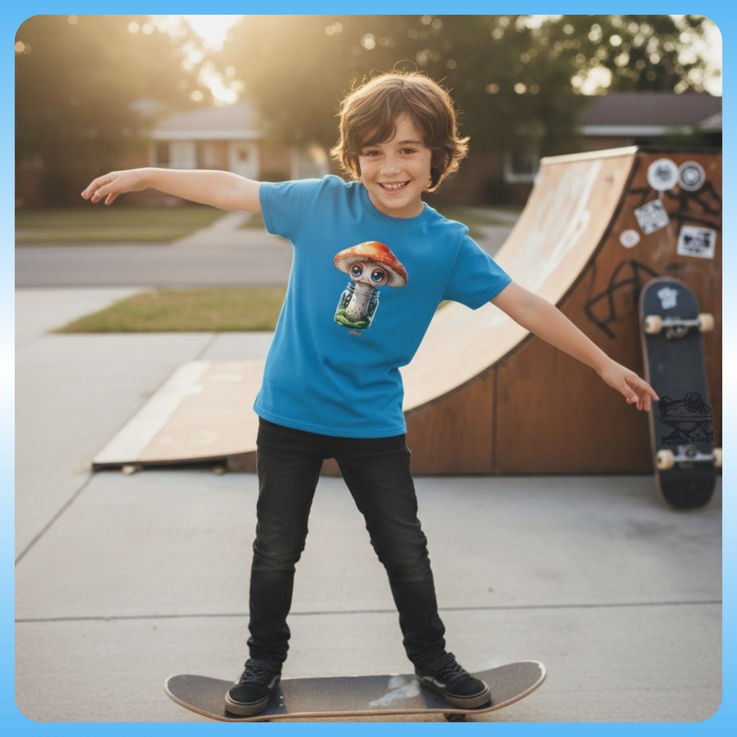 Sporeli - Youth Tee (Mushroom in a Jar)  balancing on a skateboard at the skateboard ramp at Billy's house