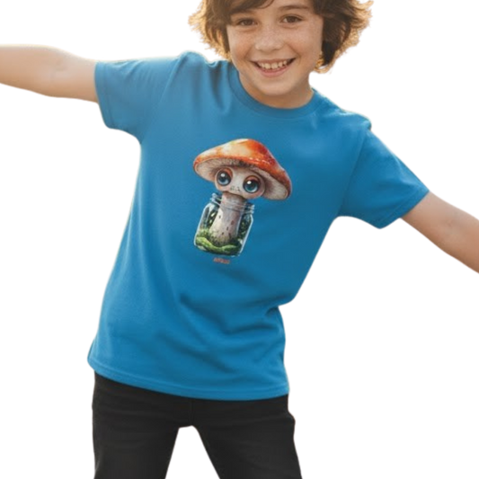 Sporeli - Youth Tee (Mushroom in a Jar)  balancing on a skateboard on a transparent background