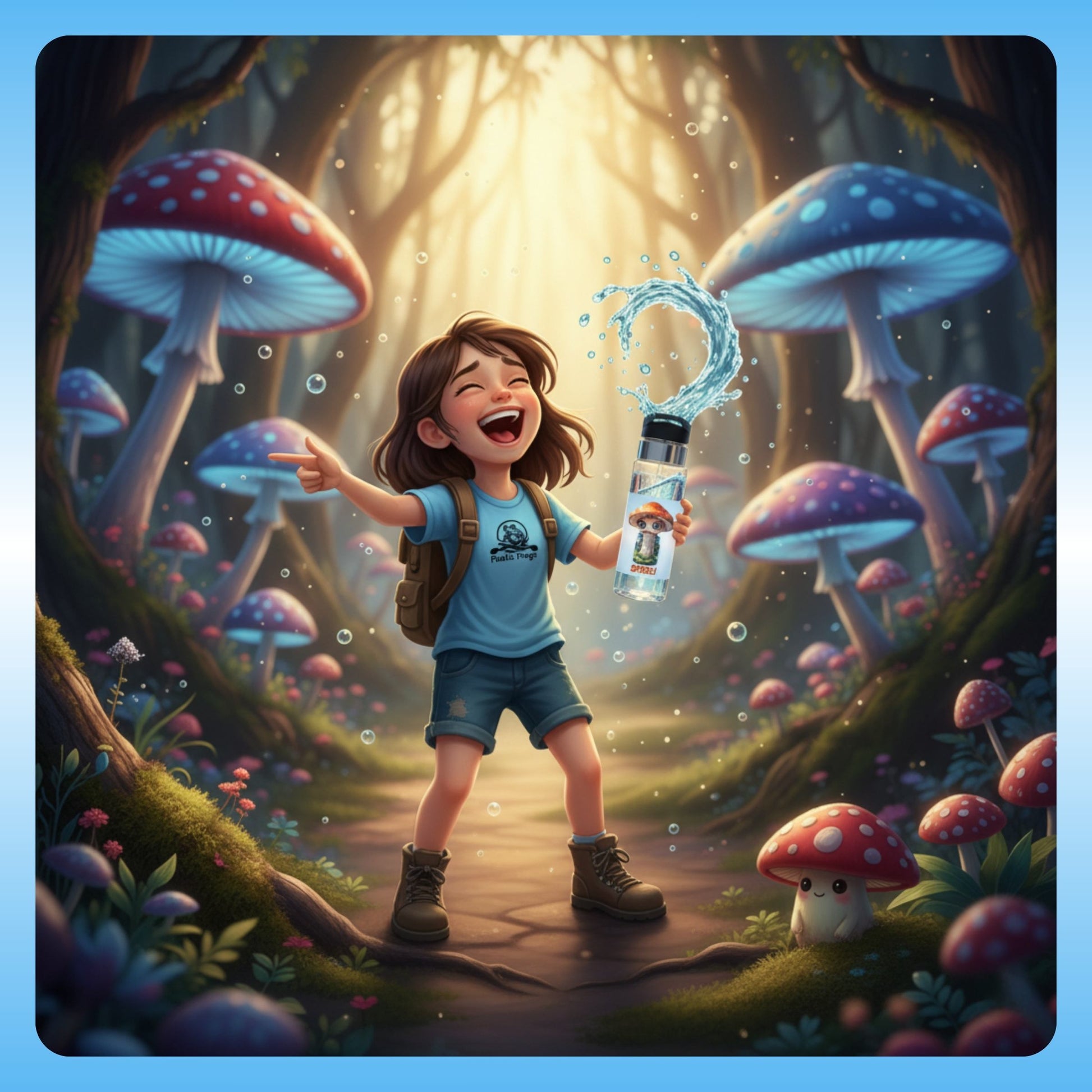 Sporeli clear water bottle with Willow Illustration of a child in a forest with glowing mushrooms and a bottle.