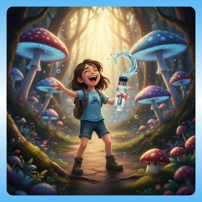 Sporeli clear water bottle with Willow Illustration of a child in a forest with glowing mushrooms and a bottle.