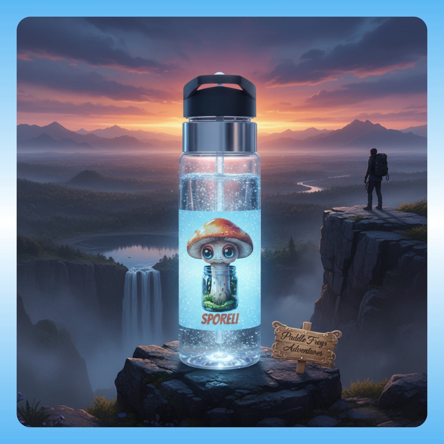 Sporeli Crystal Clear Water bottle with mushroom character design against a scenic mountain backdrop by Paddle Frogs Outdoor Gear