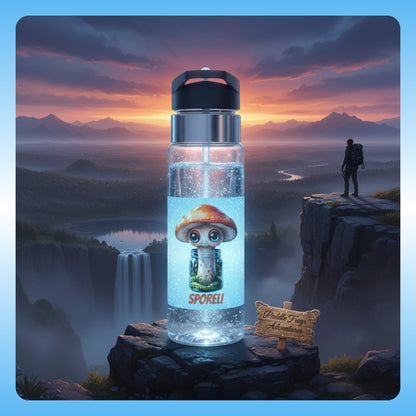 Sporeli Crystal Clear Water bottle with mushroom character design against a scenic mountain backdrop by Paddle Frogs Outdoor Gear