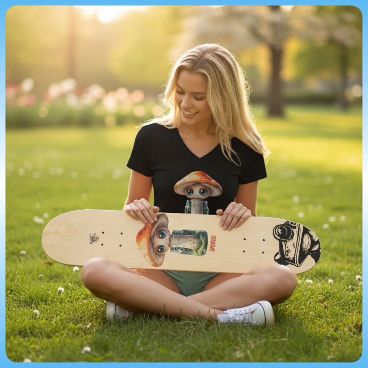 Sporeli | 7.5 Skateboard Deck by Paddle Frogs™ Model wearing black V-neck sitting crisscross applesauce
