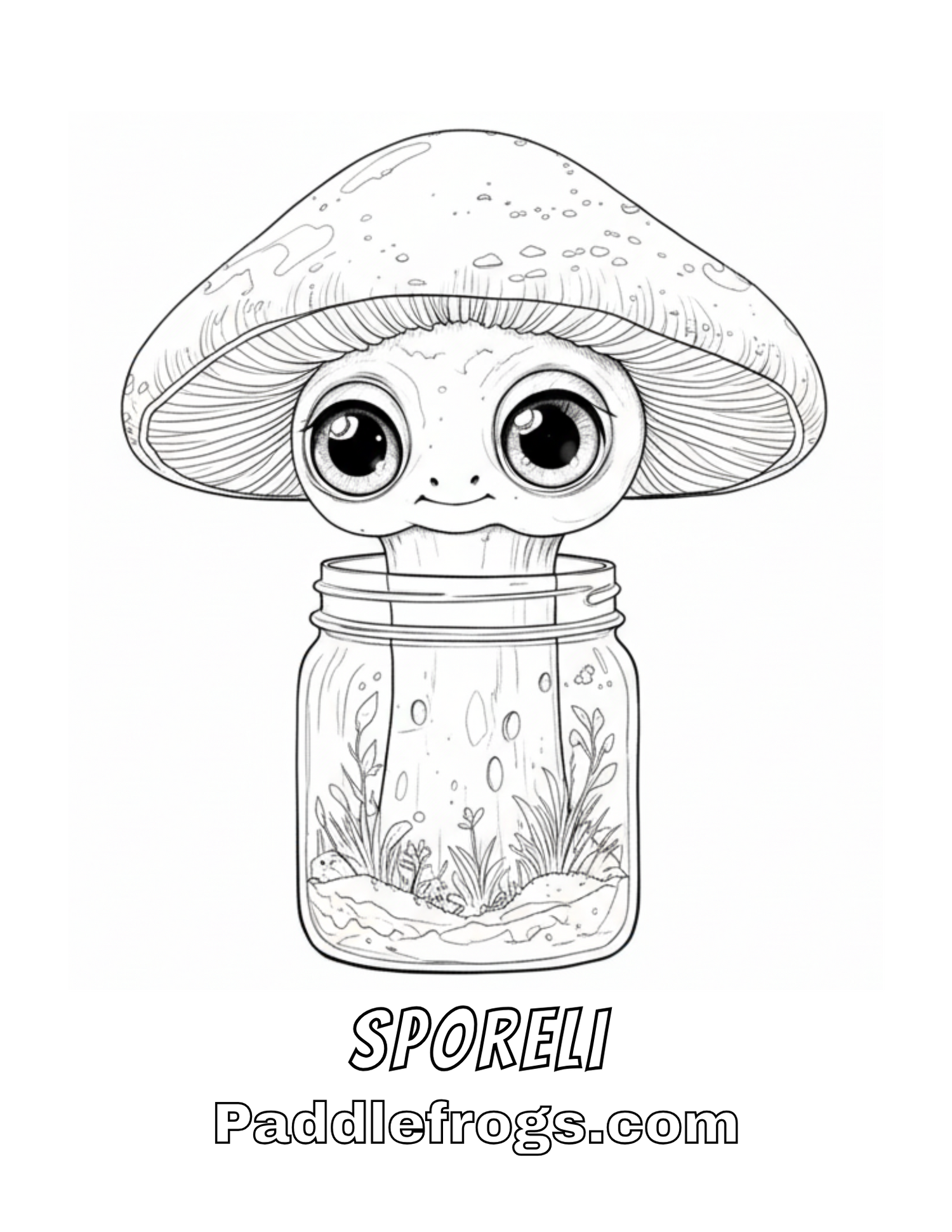 Sporeli the mushroom in a jar coloring sheet for kids. By Paddle Frogs.
