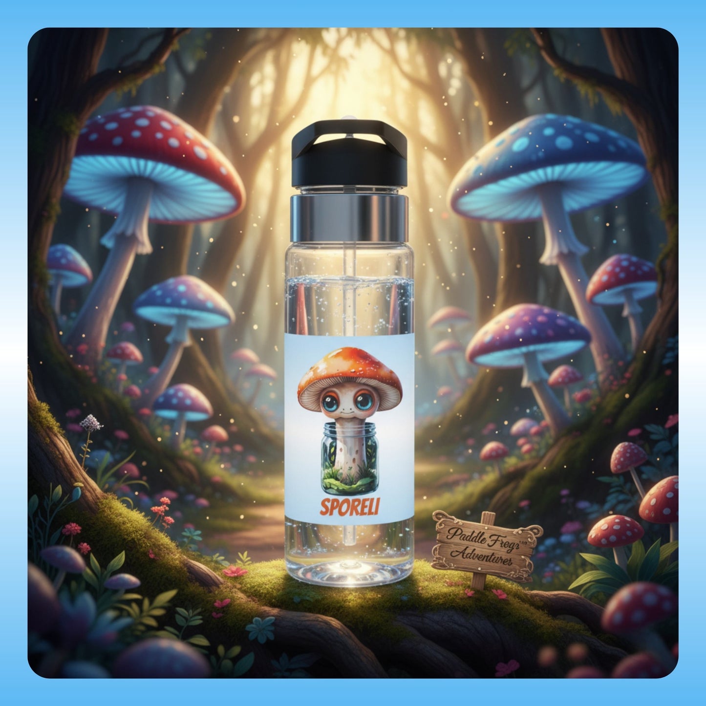 Sporeli mushroom in a jar from Paddle Frogs Adventures Bottle with mushroom design label in a fantasy forest setting