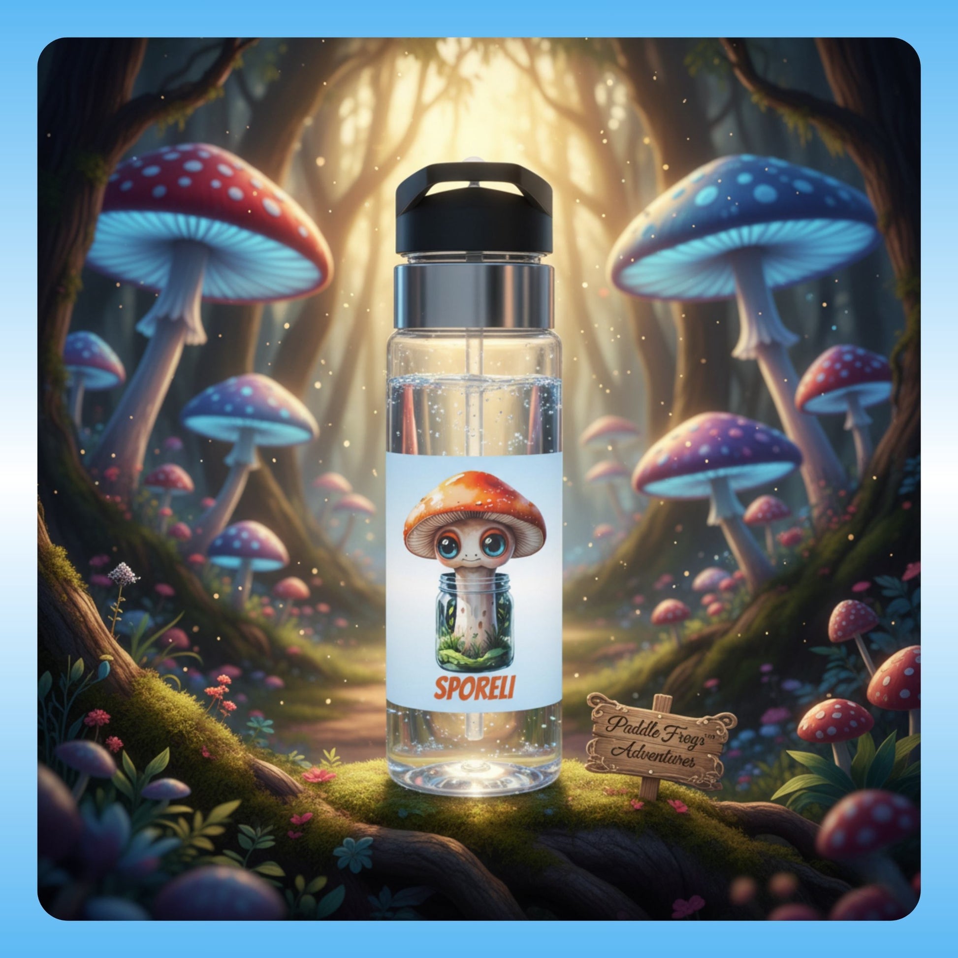 Sporeli mushroom in a jar from Paddle Frogs Adventures Bottle with mushroom design label in a fantasy forest setting