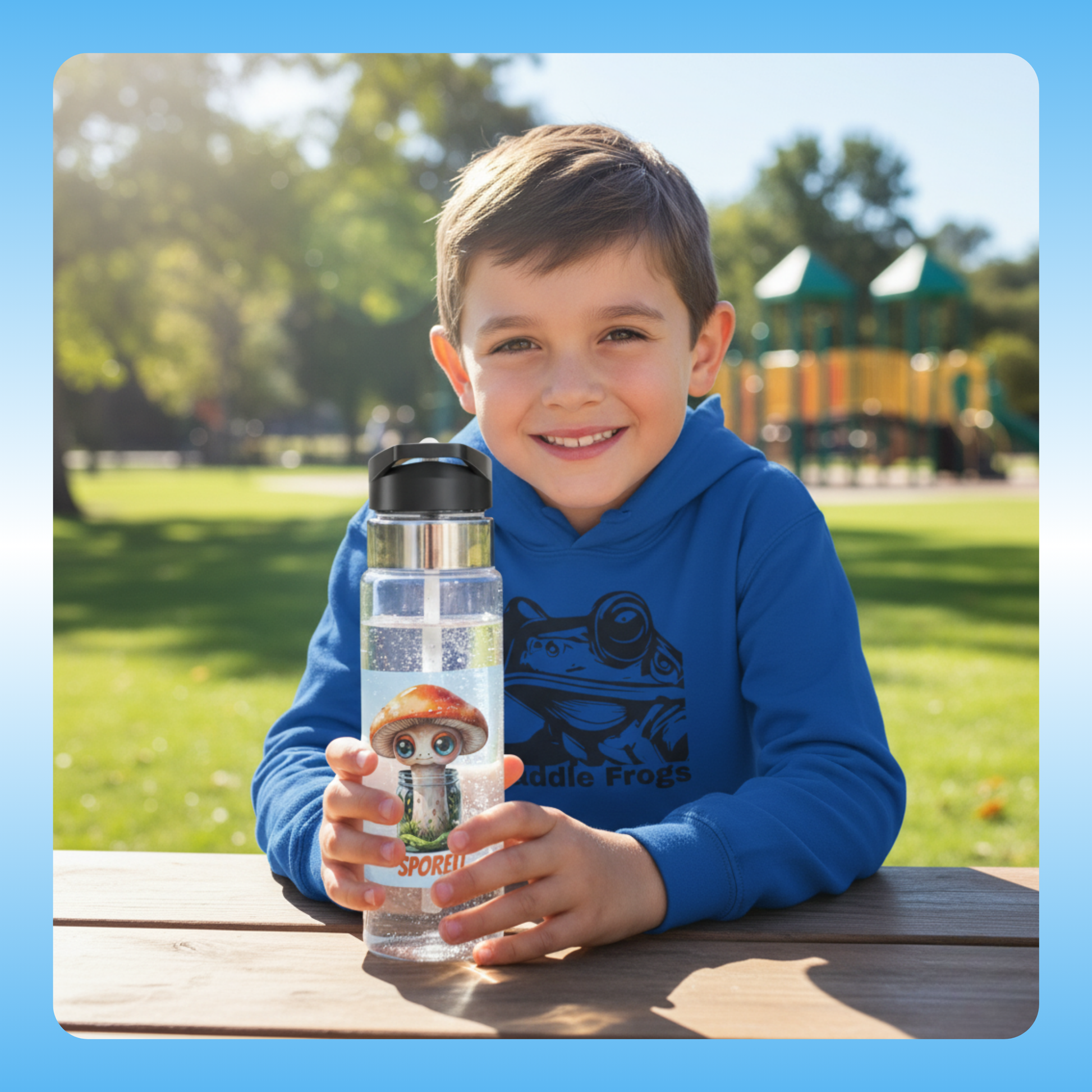 Adventure Hoodies Kids Who Leap, Paddle, and Explore | Child holding a water bottle with a character design outdoors