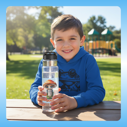 Adventure Hoodies Kids Who Leap, Paddle, and Explore | Child holding a water bottle with a character design outdoors