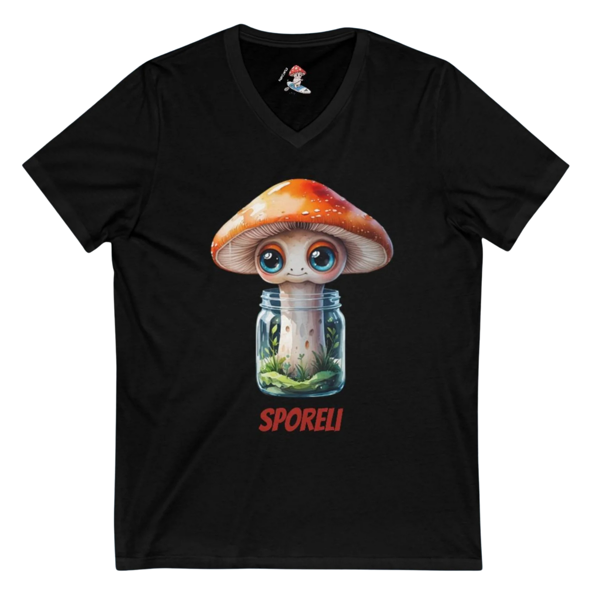 Black t-shirt with a cartoon mushroom in a jar design on a white background Sporeli – Ladies V-Neck Black Shirt