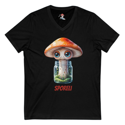 Black t-shirt with a cartoon mushroom in a jar design on a white background Sporeli – Ladies V-Neck Black Shirt