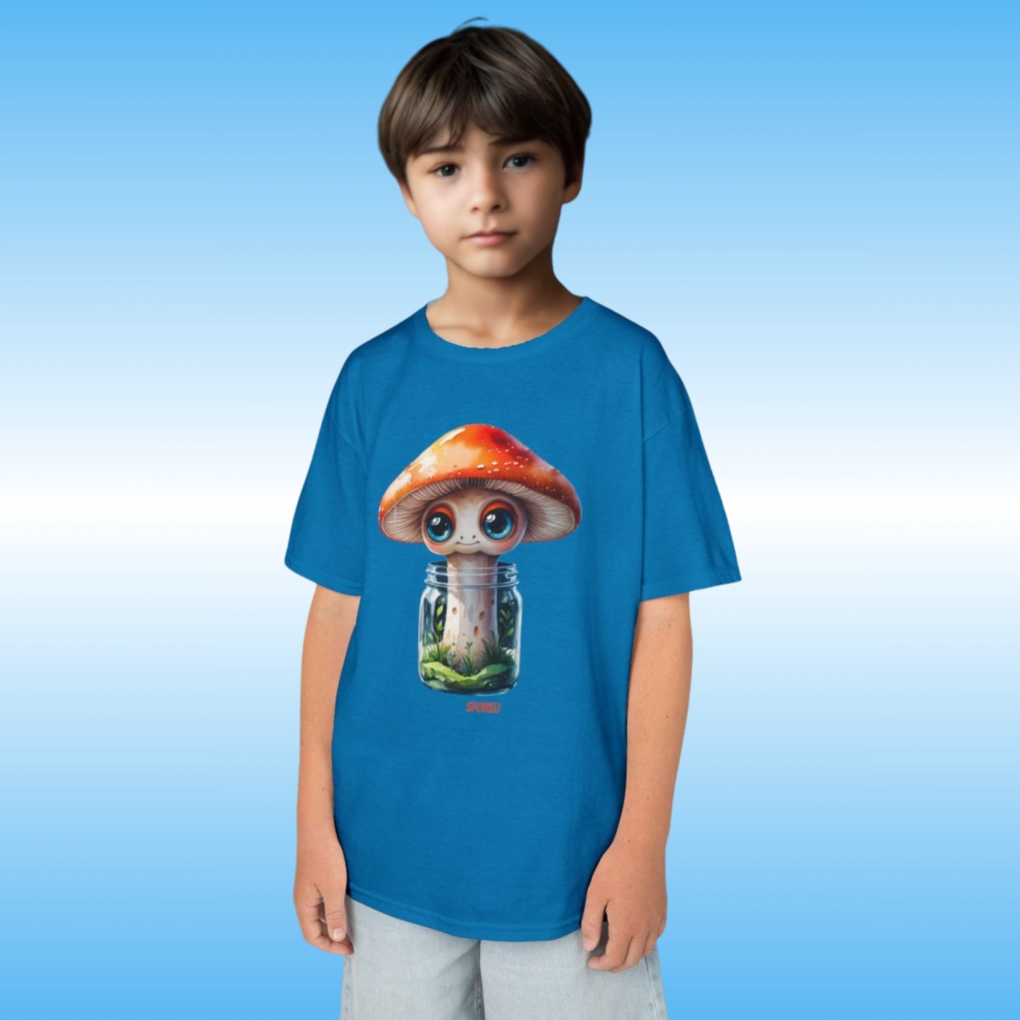 Sporeli T-Shirt for kids Paddle Frogs living mushroom in a jar | Child wearing a blue t-shirt with a mushroom design on a blue background