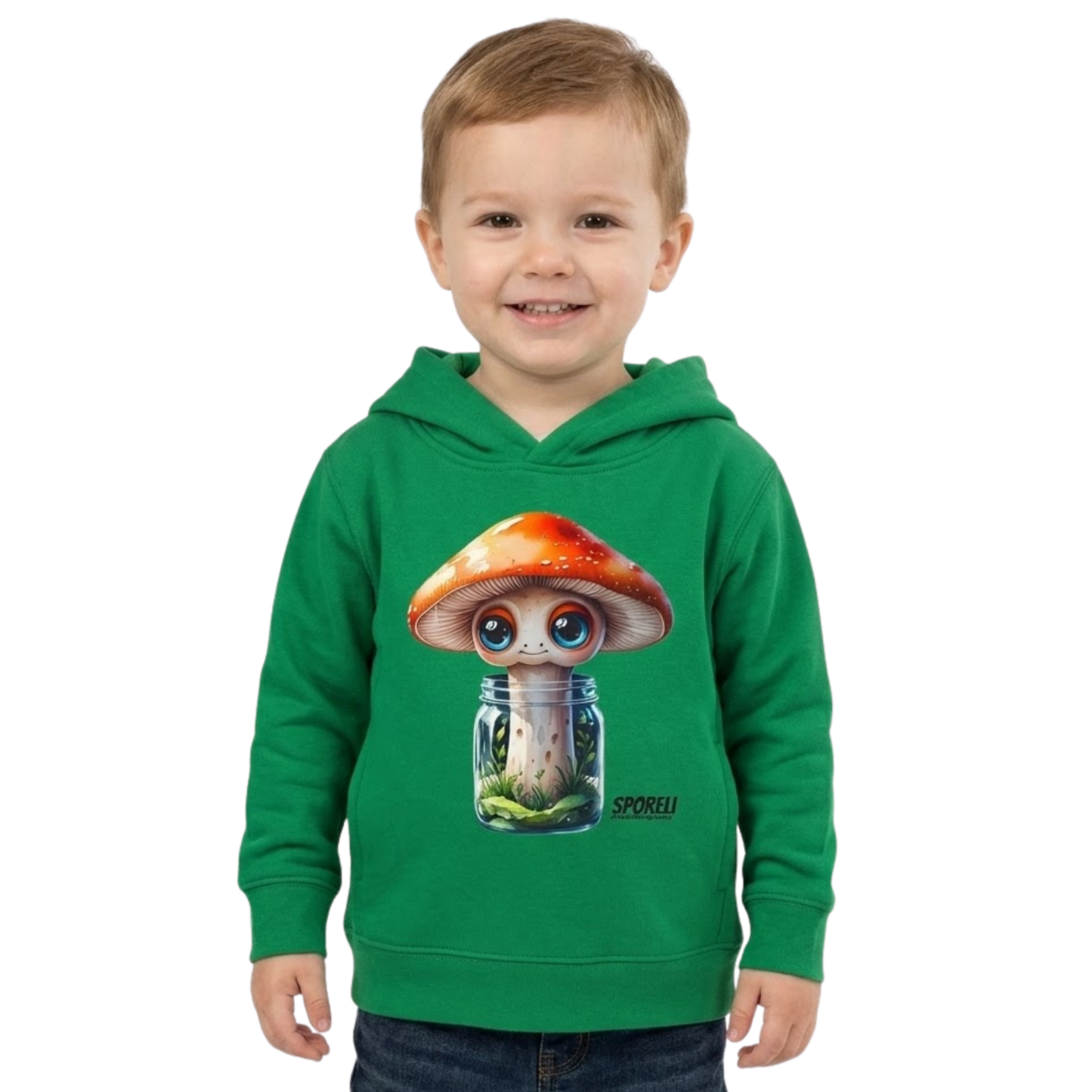 Sporeli Toddler Hoodie | Mushroom in a Jar | Paddle Frogs™ Kelly Green on a transparent background
