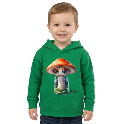 Sporeli Toddler Hoodie | Mushroom in a Jar | Paddle Frogs™ Kelly Green on a transparent background