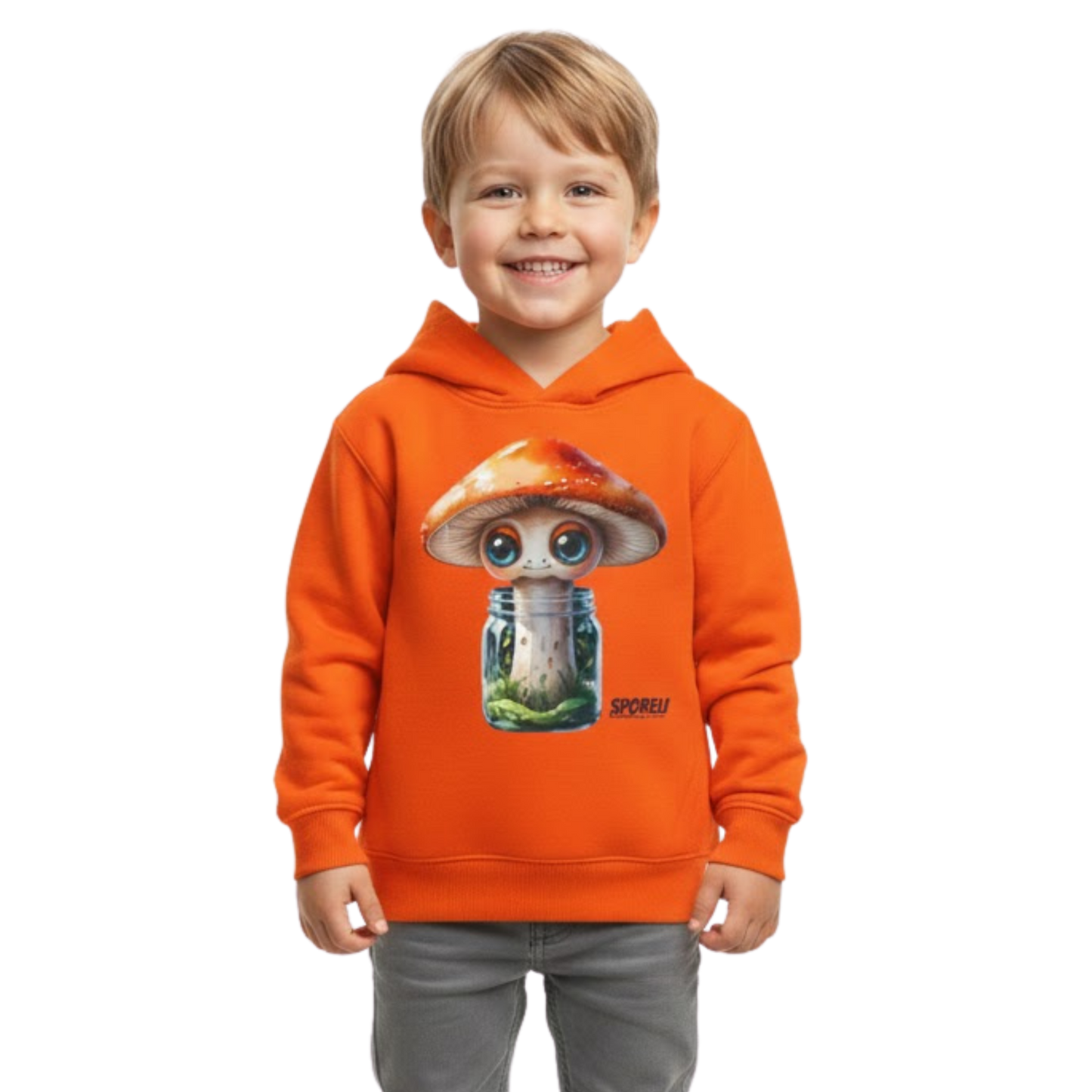 Sporeli Toddler Hoodie | Mushroom in a Jar | Paddle Frogs™ Orange on a transparent background