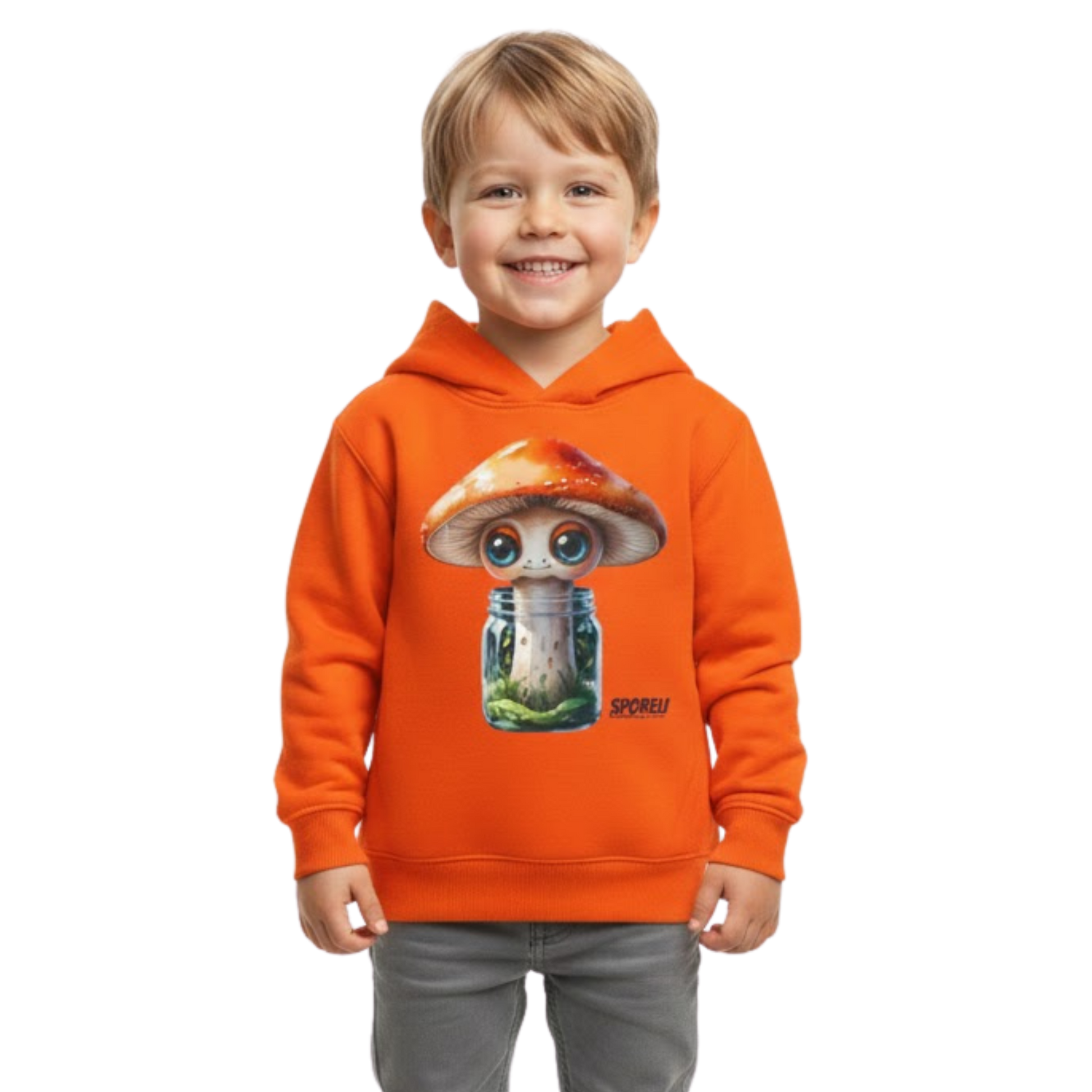 Sporeli Toddler Hoodie | Mushroom in a Jar | Paddle Frogs™ Orange on a transparent background